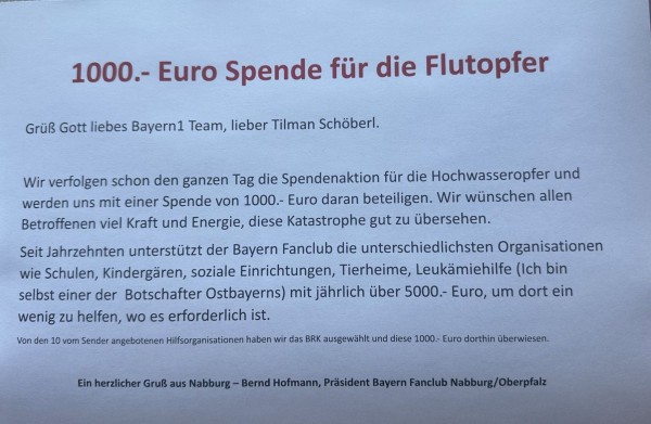 Fanclub spendet 1000.- Euro an die Flutopfer